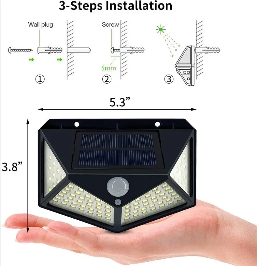 100LED Слънчева светлина Открит Smart Motion Senso Вътрешен Двор, с монтиран на стената Лампа на Слънчевата Енергия Водоустойчив Слънчева Светлина Украса на Градината