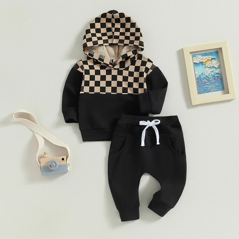 2023-06-30 Lioraitiin от 0 до 3 години Есенното облекло за малки момчета, Hoody с качулка и штанами в стил мозайка с изображение, в шахматна дъска модел, Комплект
