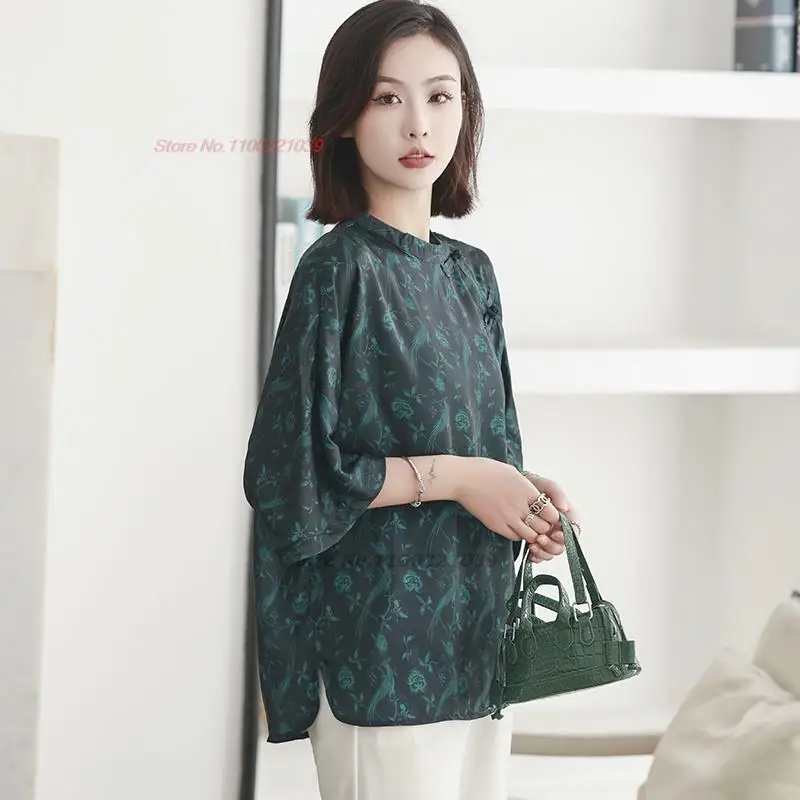 2023 китайска реколта сатен блуза, блузи чонсам с традиционните флорални принтом, ретро свободна блуза, костюм в стил ориенталски тан, градинска облекло