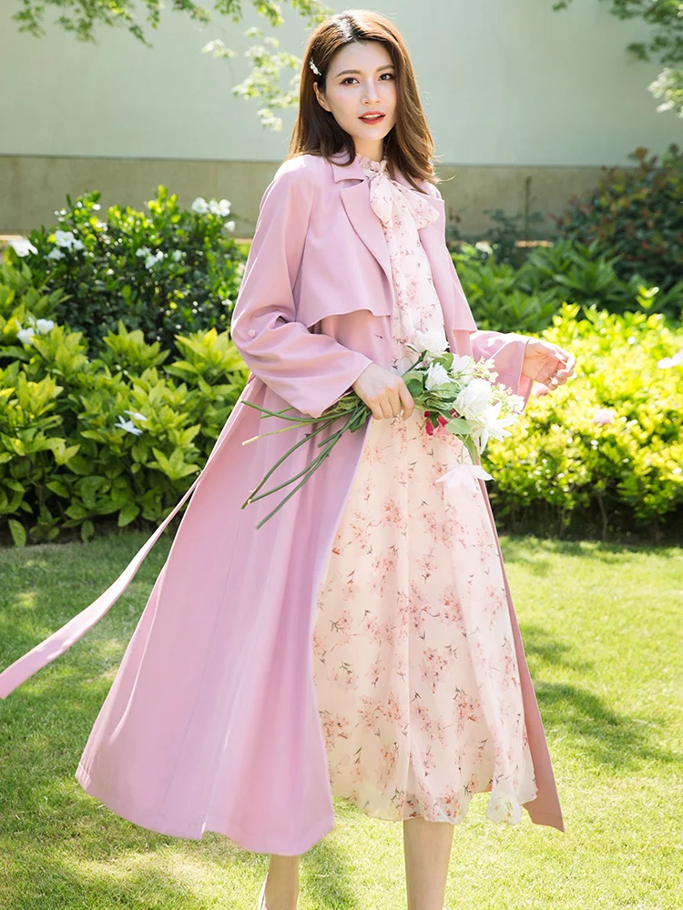 2023 Пролет и есен, популярна нова мода темпераментен розова ветровка средна дължина до коляното, дамски дрехи