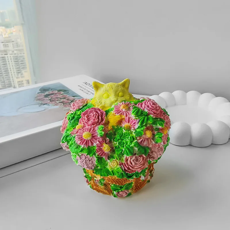 3D Коте Цвете Кошница Силиконова Форма на DIY Восъчна Свещ Смола Гипсови Форми за Бродерия Гипсовый Мус Форма За Украса на Тортата