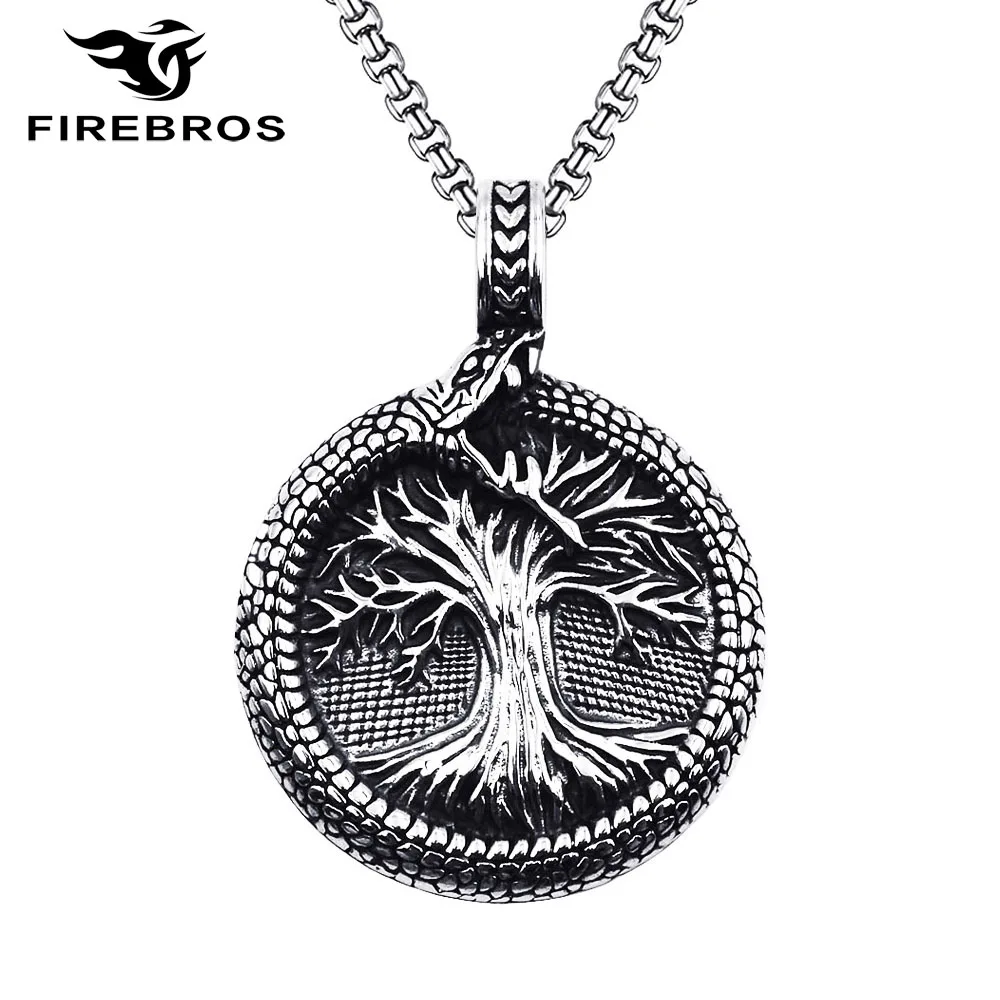 FIREBROS от Неръждаема Стомана 316L Ретро Медальон с Дракон Уроборос Иггдрасиль Дървото на Живота Колие Vegvisir Viking Бижута за Мъже