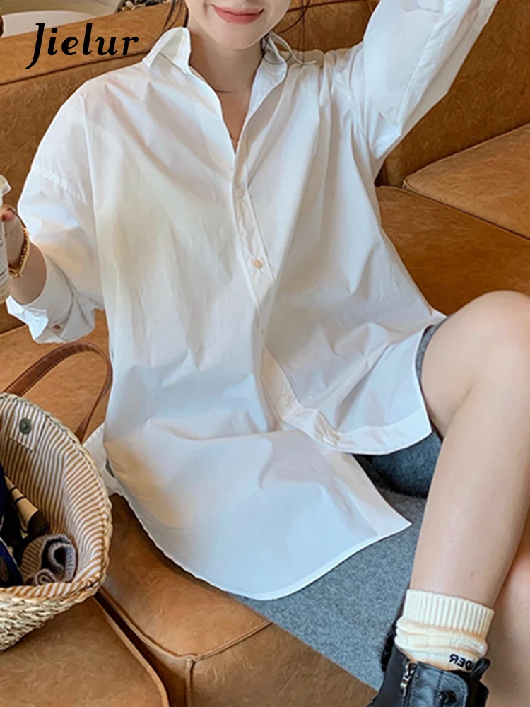 Jielur Сини Свободни Офис дамски ризи С деколтета Поло, Однотонная Ежедневни дамски риза с дълъг ръкав, Бели модни однобортные ризи