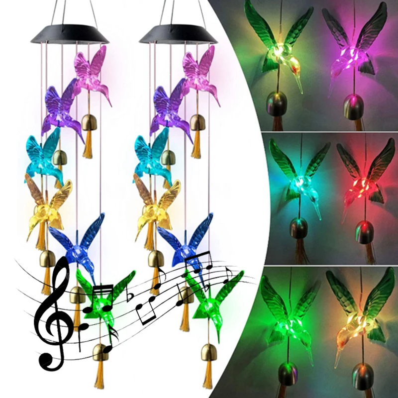 LED цветни Слънчев Вятърна камбанен звън, Кристален пеперуда Колибри, Водоустойчив уличен Вятърна камбанен звън, Слънчева светлина за градина на открито