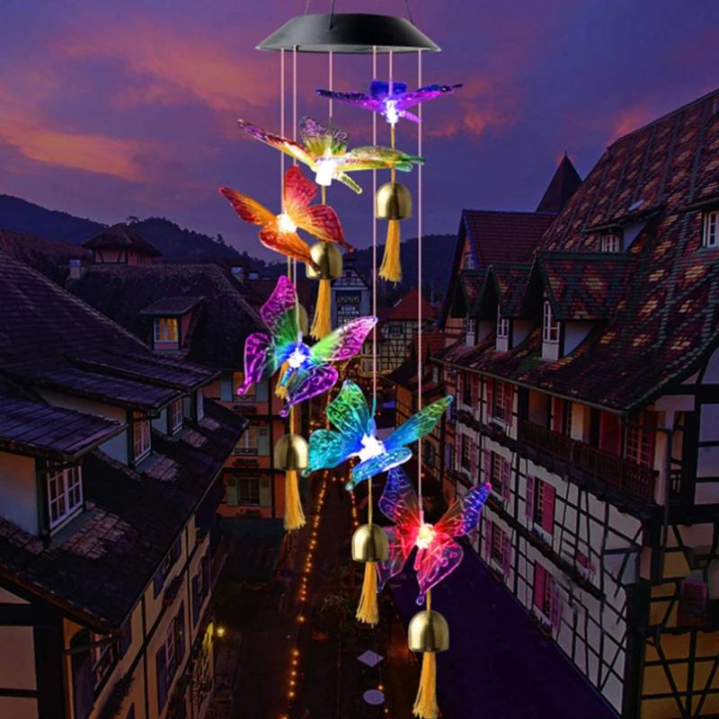 LED цветни Слънчев Вятърна камбанен звън, Кристален пеперуда Колибри, Водоустойчив уличен Вятърна камбанен звън, Слънчева светлина за градина на открито