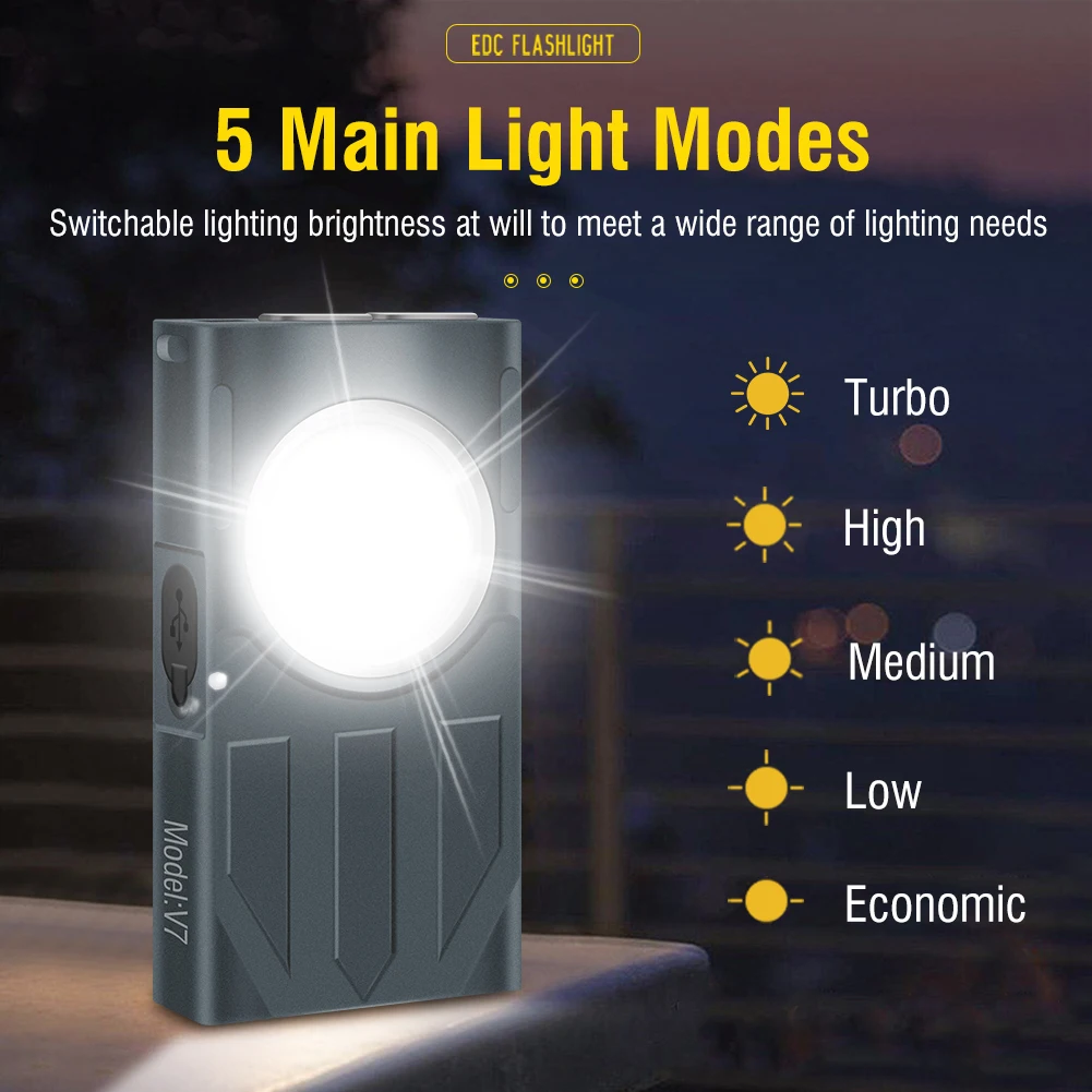 UniqueFire V7 EDC Фенерче Ключодържател Type-C, Акумулаторна батерия и Мини-фенерче Водоустойчив Фенер на открито с магнит, 5 режима на осветление