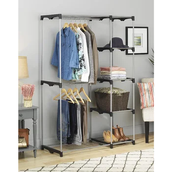 Система шкафове с двоен стълб Whitmor, метал от смоляными конектори, сребро и черни мебели, гардероб за обзавеждане на спалня