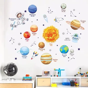 Мультяшная Слънчева Система Космическите Планета, Слънцето, Земята, Луната Стикери за Стена за Детска стая Спални Читального Зала на Стикери За стени на Училището Детската градина