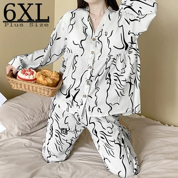 Жена Комплект нощен дрехи, 2 броя, Дамски Пижами с дълъг ръкав, Пижама Оверсайз 6XL, Дамски Дрехи за Сън, Дамски комплекти Пижам
