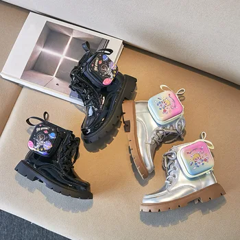 Детски обувки, Модерни Обувки от лачена кожа За момичета, Ботильоны с чанта с цип, Есенни Нови бебешки Обувки с мека Подметка, Нескользящая Обувки На платформа