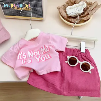 Годишният розов комплект дрехи за малките момичета, комплект от две части, топ + поли, Детски дрехи, Детски облекла за рожден ден за момиче