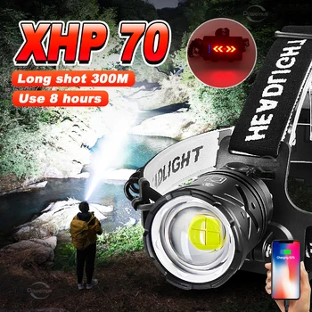 2023 Най-мощен led фар XHP70 Бяла светлина, фаровете за къмпинг, Мащабируем преносим главоболие фенер 3 * 18650, която се презарежда чрез USB