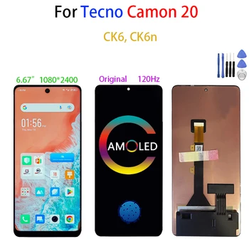 Оригинален AMOLED, За Tecno Camon 20 CK6 CK6n LCD дисплей е Сензорен Екран За Camon20 LCD дисплей, Дигитайзер, Ремонт, Подмяна на Лентата