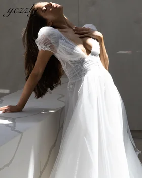 Плажна рокля Сватба Yczzly в стил Бохо С V-образно деколте И Буйни ръкав на Сватбена Рокля с А-силует С отворен гръб, Расшитое пайети, На Дълги Копчета, Vestido Новия YW181