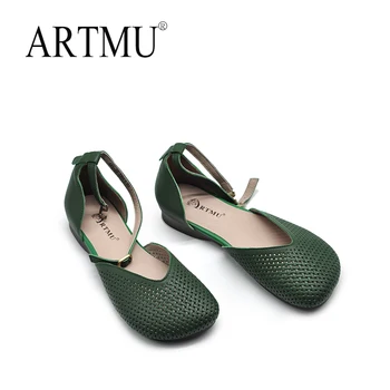 Плетени дамски сандали Artmu със затворени пръсти, ширити, Луксозни дизайнерски летни Елегантни обувки на плоска подметка с катарама, сандали от естествена кожа на нисък ток