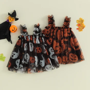 Тюлевое рокля за момиченце, Без ръкави, с квадратни деколтета и принтом тиква, рокля пакетче, Облекло за Хелоуин