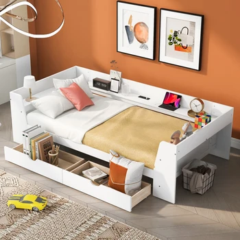 Проста конструкция зарядно устройство Двоен диван с рафтове, чекмеджета и вградени зареждащата станция за спални, всекидневна