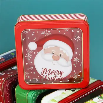 Коледен подарък кутия с шарките на Дядо Коледа с прозрачна тенекиен капак, Коледна опаковъчна хартия, аксесоари за партита, кутия за бисквити и бонбони