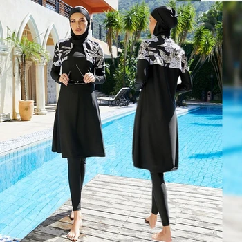 Летни дамски черни комплекти Буркини от три части, отделни капаци за плуване, Панталони, Плажно облекло с пълно покритие, бански С шапочкой-хиджабом