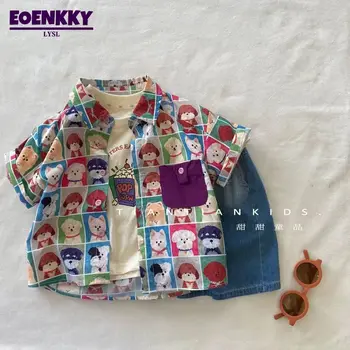 Летен Комплект за момчета, Ежедневна Мода Сладко Детска риза с къси ръкави и принтом Куче + Дънкови шорти, Дишаща Корейски костюми-двойка 2023