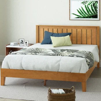 Рамка на легло на платформата Zinus Alexia Deluxe от дърво с таблата, селски бор, мебели за спалня с легло с размер 