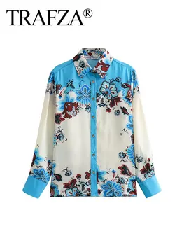Тънка лятна свободна риза TRAFZA в стил мозайка с дълги ръкави и копчета, Женски случайни топ в ретро стил Дамска риза с принтом от коприна
