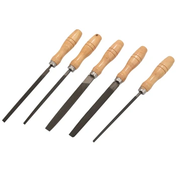 Набор от напильников от високо стомана с дървени дръжки, файл-рашпиль за дърво, метал, пластмаса, 5 броя (стоманена файл)