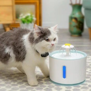 Автоматичен Воден фонтан за домашни котки обем 2,4 л с led подсветка и електрически USB-конектор за кучета и котки, Пияч за домашни любимци, Купа за хранене, Диспенсер за питейна фонтанчика за домашни любимци