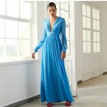 Елегантна дълга синя рокля за абитуриентски бал с V-образно деколте и колан, шифоновое рокля трапецовидна форма с дължина до пода, вечерна рокля за официални събития за жени
