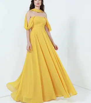 Елегантни Дълги вечерни рокли от жълт шифон трапецовидна форма с бретельками на бретелях за бала