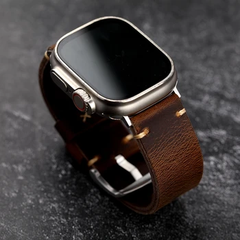 Ръчно изработени, подходящи за Apple Watch, кожена каишка за часовник Ultra8, кафява каишка от телешка кожа 49 мм 45 мм, мъжки ретро гривна в стил стръмен човек