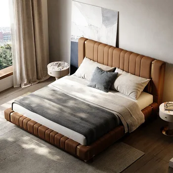 Мебели за спалнята, италиански лека луксозно кожено легло, модни проста вила, двойно сватбена легло, лека луксозно легло