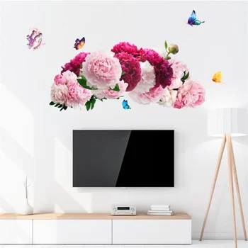 Стикер за стена с големи розови и бели цветя за всекидневната, Интериор на спални, стенни картини, Пеперуди, декорация на дома, самоклеющаяся хартия