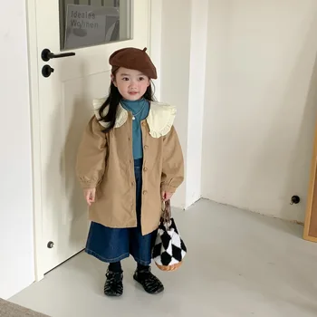 2023 Ново есен Детско палто с завързана кукла яка за малки момичета, жилетка, памук Жилетка в корейски стил, однобортный, с дълги ръкави, однобортный