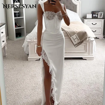 Nersesyan Елегантни сатенени рокли за абитуриентски бал в стил Русалка на спагети презрамки, Дантелено Вечерна рокля с цепка отстрани, Рокли за коктейл в Саудитска Арабия