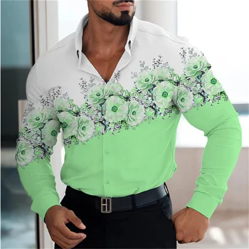 2023 Нова мъжка риза с дълги ръкави, тенденция, Нова геометрична декорация ред, прозрачна риза от мека и удобна материя с принтом
