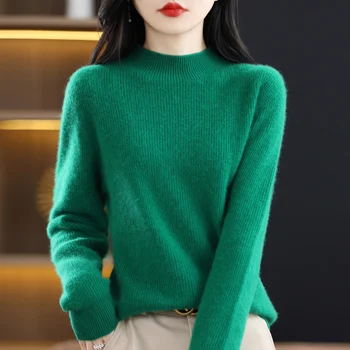 Безшевни вълнен пуловер, пролетно-есенен пуловер от 100% чиста вълна, дамски пуловер с полувысоким яка, връхни дрехи и от двете страни