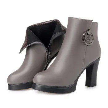 Ботильоны, дамски ботуши, зимни модни вълнени дамски зимни обувки на висок ток 2023 г., естествена кожа, през Цялата чорап, черно, сиво, Високо (5 см-8 см.)