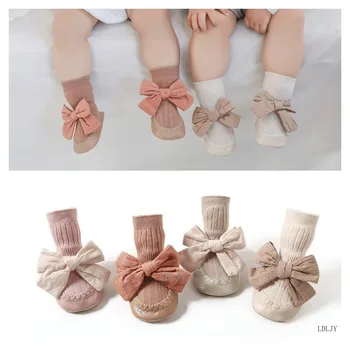 Есенно-Зимни Чорапи за малки момичета, Чорапи с лък За Новородено, Чорапи за Бебета, Нескользящие Меки Памучни Чорапи на пода, Обувки