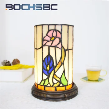 BOCHSBC настолна лампа с оцветени стъкло в стил Тифани, трицветна led лека нощ, подарък в стил ар-деко, лампа за леглото в спалнята на хотела