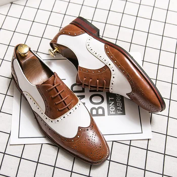 Модерен Мъжки кожени обувки с остри пръсти, Големи размери, Модела обувки с дърворезба, Мъжки бизнес обувки-oxfords с ниско берцем, мъжки сватба