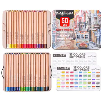 50 цвята, Професионални меки пастелни моливи Нюанси на дърво и кожа, Стоманена кутия, Пастел, цветни Моливи за училище за рисуване