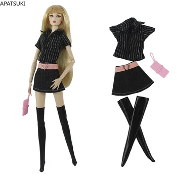 Черни модерен комплект дрехи за кукли Барби, Риза на райета, Къси поли, Чорапи, Чанта за 1/6 куклено Аксесоари, детски играчки
