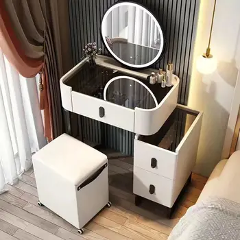 Тоалетка за съхранение на жените, огледало, Удобна конзола, Белите Скринове, Дървени и богат на функции мебели за спалня HY
