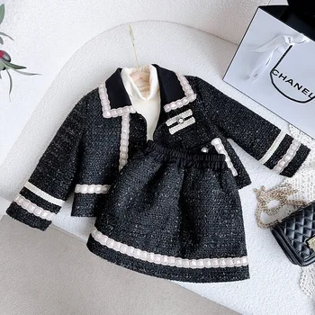 2023 Корейски модерен комплект зимни дрехи за малките момичета, утепленная яке с пайети за бебета + къси поли, Детско Елегантна рокля и пола
