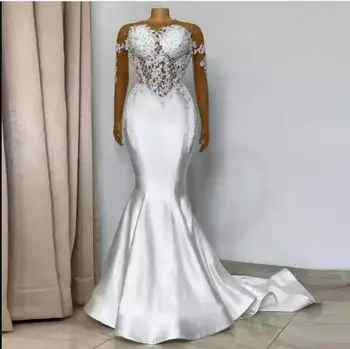 Модни Сатен Сватбени рокли на Русалка 2023, Vestidos De Новия, Останаха в Параклиса, Дантелени Апликации, Beading, сватбени рокли с дълъг ръкав