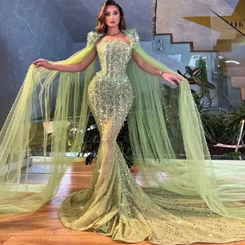 Sharon Said Луксозни Вечерни рокли Дубай, цвят на Зелен градински чай за жени, Елегантна Сватбена рокля с дълъг ръкав в Арабски стил 2023, рокля за бала SF198