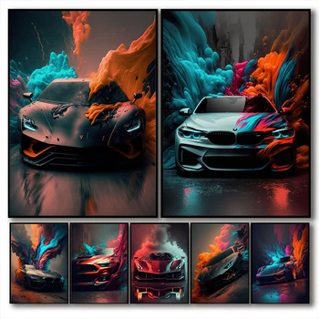 Цветна дымчатая спортна машина с принтом върху платно, известният футуристичен художествен плакат на Lamborghini, Картина за украса на стени, Началната дневна