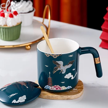 Ретро Чаени чаши с капак и лъжица, Керамична чаша в традиционен китайски стил, Порцеланови чаши за кафе с конете, най-Добрият подарък за приятели