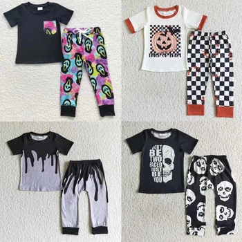 Продажба на едро, Детски костюм за Хелоуин, Бебешки дрехи за малки момчета, Ризи с къси ръкави, тениска с изображение на призрак на тиквата, Комплект панталон